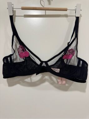 Agent Provocateur Sheer Black Underwire Bra with Pink Cherry Appliqué